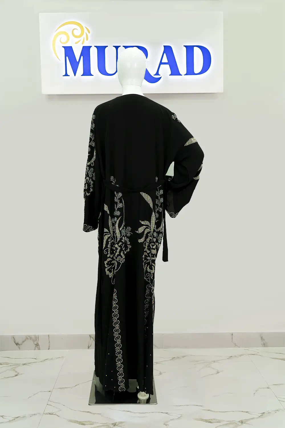 STN-ABAYA-002, Blossom Dream Abaya, stonework abaya in Dubai, Black Blossom Dream Abaya Back View